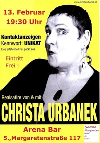 Die Szene Margareten präsentiert: Christa Urbanek in Kontaktanzeigen Kennwort: Unikat Eine erfahrene Frau packt aus@Arena Bar Variete Theater Cafè