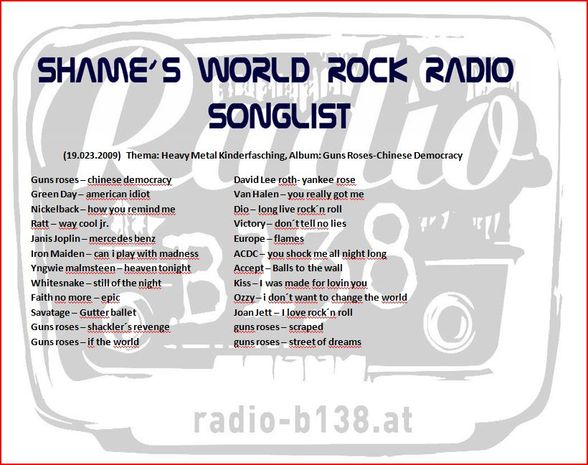 Shame´s World Songlist - 