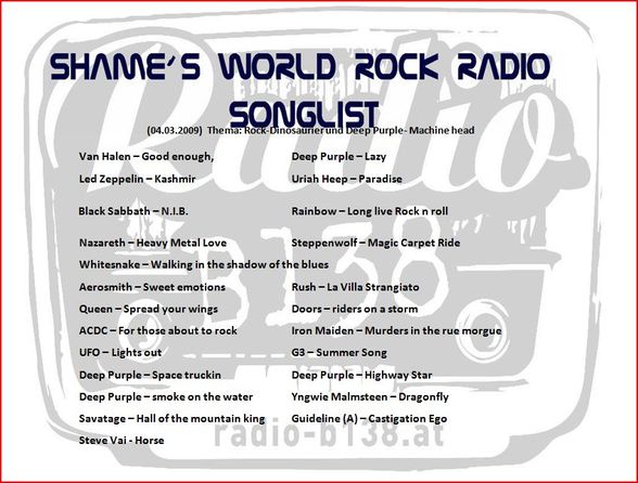 Shame´s World Songlist - 